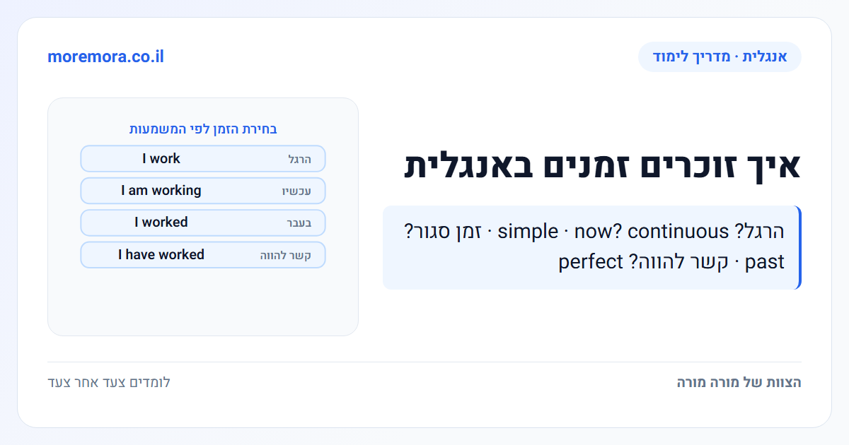 איך זוכרים זמנים באנגלית - הרגל? simple · now? continuous · זמן סגור? past · קשר להווה? perfect