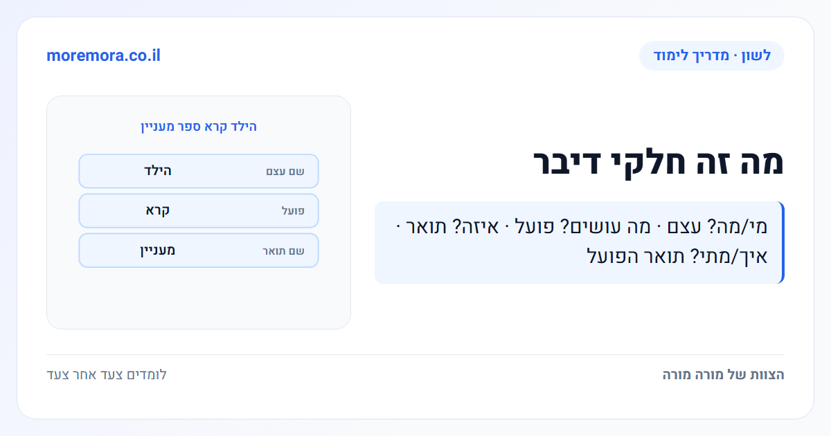 מה זה חלקי דיבר - מי/מה? עצם · מה עושים? פועל · איזה? תואר · איך/מתי? תואר הפועל
