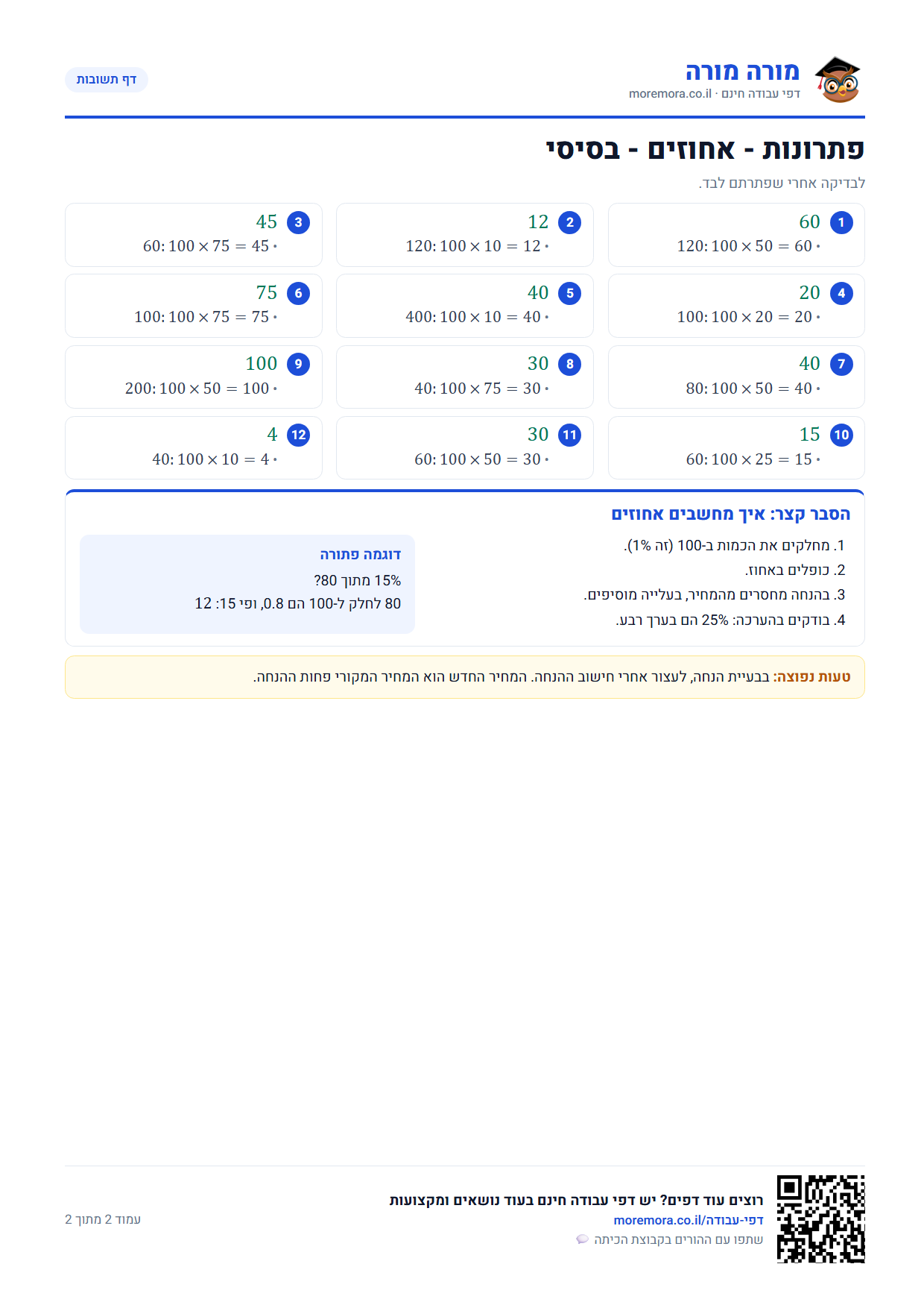 אחוזים כיתה ו - דף תשובות ברמה בסיסי