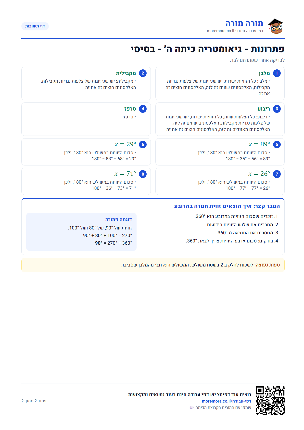 גיאומטריה כיתה ה - דף תשובות ברמה בסיסי