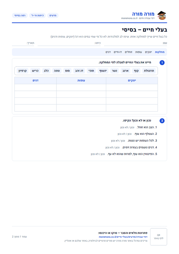 בעלי חיים: דף עבודה