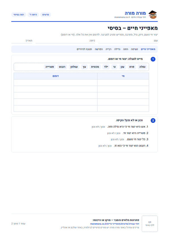 מאפייני חיים לכיתה ד׳