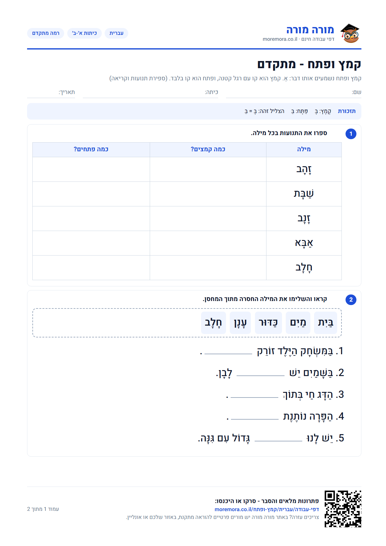 קמץ ופתח - דף עבודה ברמה מתקדם