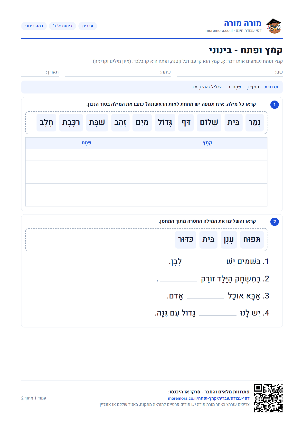 קמץ ופתח - דף עבודה ברמה בינוני